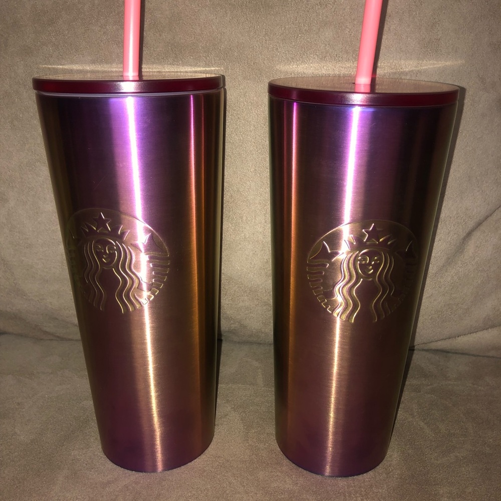 💥RARE NWT 1  24oz STAINLESS STEEL STARBUCKS PINK AND YELLOW OIL SLICK TUMBLER💥